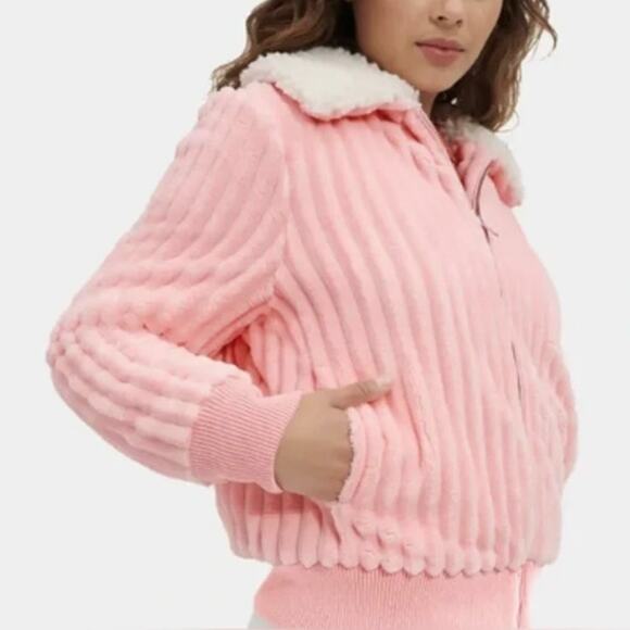 UGG Viviana Pink Fur Women's Bomber Jacket Size XL - Picture 1 of 6